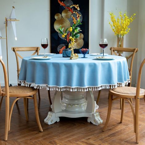 Nappe ronde en coton/lin avec franges, bleu ciel, 220 cm de diamètre