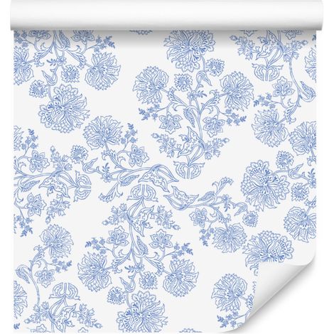 Tapete mit Blumenmuster in Weiß und Azurblau, weißer Hintergrund für Wohn- und Schlafzimmer, 50 x 1000 cm (1/5)