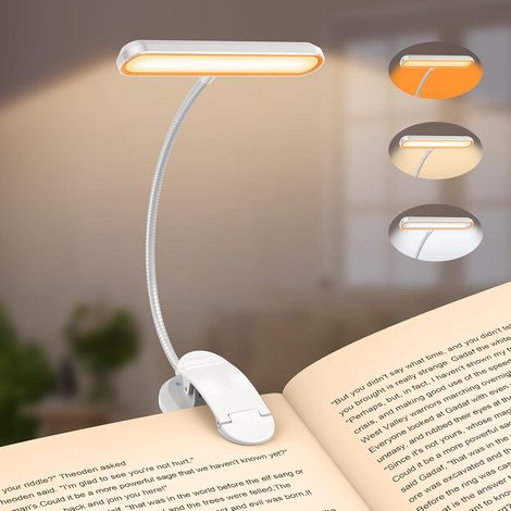 Lampe de lecture LED à double rangée avec tête rotative – Lampe à pince respectueuse des yeux avec recharge USB-C Blanc