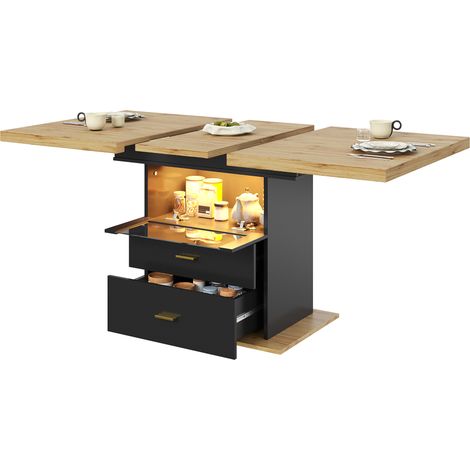 Table à manger extensible 6 personnes 110/140 x 80 x 75 cm avec LED, 2 tiroirs, plateau MDF effet bois, structure métal pour cuisine ou salon - CHICFURN (1/5)