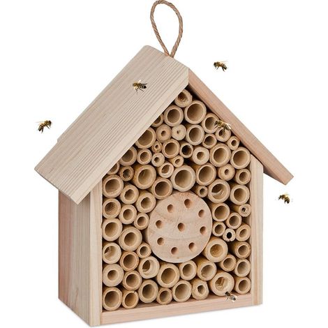 Htel à insectes, en bois, pour abeilles sauvages, suspendre ou poser, HxLxP 20,5 x 19,5 x 8,5 cm, nature (1/5)