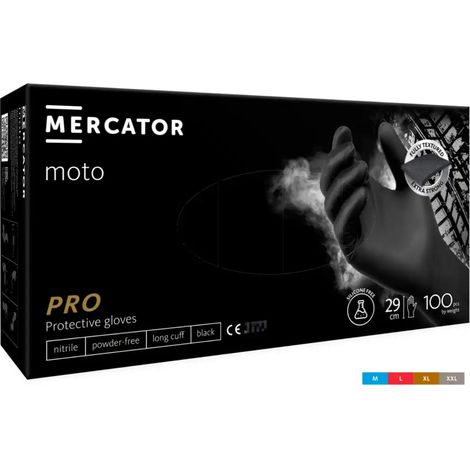 Guantes de nitrilo Mercator Moto negros, 100 unidades, talla XL, sin polvo, color negro.