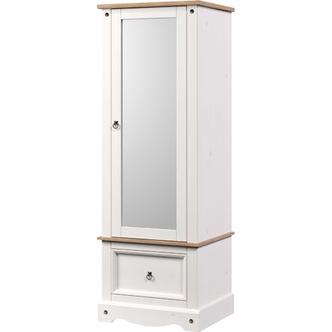 Armoire with Mirrored Door - Pine - L55.5 x W66 x H187.7 cm - White Wax/Antique Waxed Pine - Flat Packed