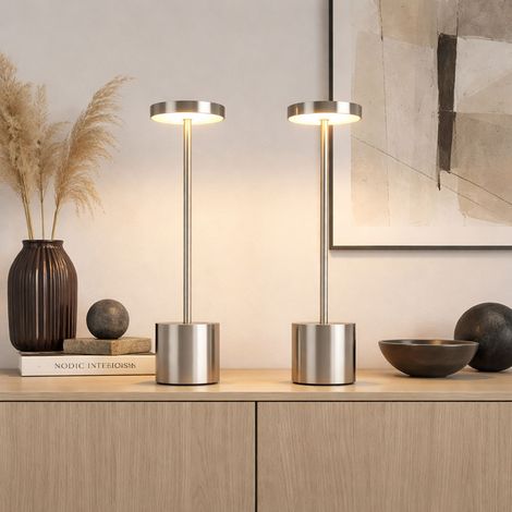 Lampada da tavolo Lampada da tavolo argento Lampada da soggiorno CCT batteria ricaricabile touch dimmer, metallo plastica, 1,2W 138Lm 2700K 4500K 6000K, H 34 cm, set di 2
