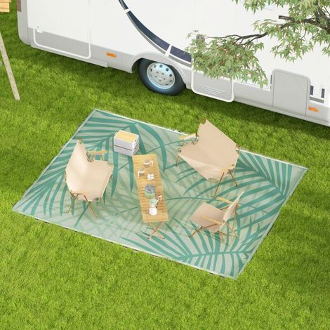 Tapis de jardin extérieur réversible 365L x 274l cm imperméable motif feuillage avec sac de transport, vert crème (1/5)