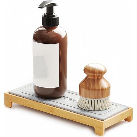 Plateau de rangement en bambou et pierre pour salle de bain, porte-lotion rustique pour lotion, savon, brosses et articles de toilette (1/5)