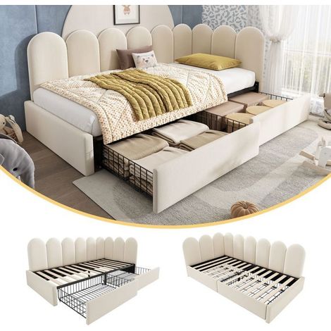 Lit une personne - SOGEU - 90x190 - Velours beige - Sommier à lattes inclus - 2 tiroirs de rangement (1/5)