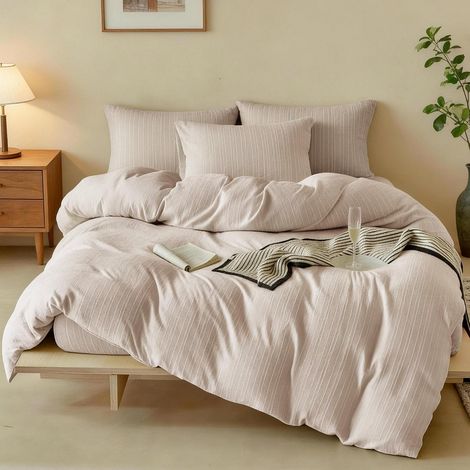 Housse de Couette 220x240 Bohème Jacquard Rayures Beige Clair (1/5)