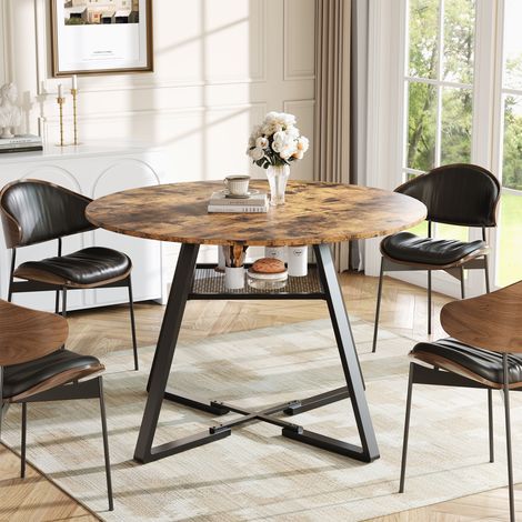 BLANKETSWARM - Table ronde de salle à manger 120 cm - Base en métal noir - 1 étagères ouvertes - Pour 4 à 6 personnes - Finition marron rustique - Style industriel (1/5)