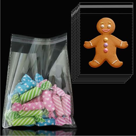 100er-Packung transparenter, kleiner Bonbontüten mit Klebestreifen, Zellophan-Plastiktüten für Geburtstage, Weihnachten und selbstgemachte kleine Geschenke, 10 x 15 cm (10 x 12 cm Innendurchmesser). (1/5)