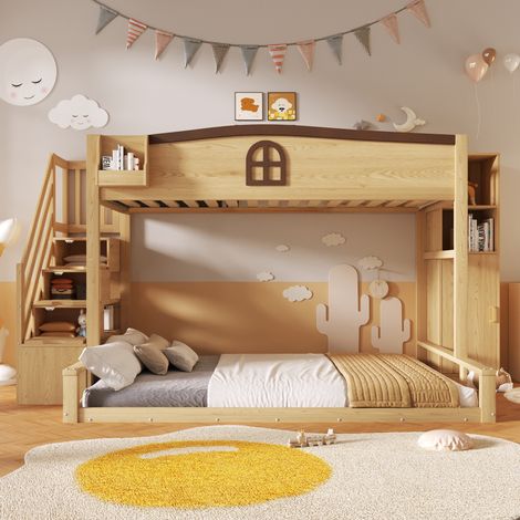 Lit superposé 3 places 90 x 200 + 140 x 200 cm avec escalier de rangement, armoire intégrée et fenêtre décorative, en bois naturel (1/5)