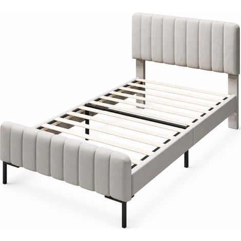 Einzelbett 90 x 200 cm, Bett mit Verstellbarem Kopfteil, ohne Matratze, aus Leinen und Metall, Grau Beige (1/5)