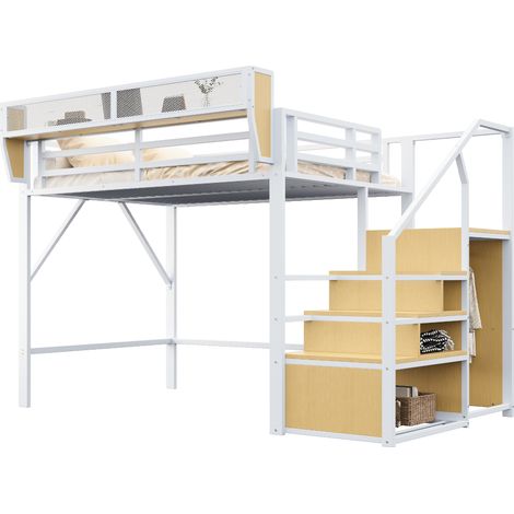 Cama alta 140 x 200 cm, doble con escalera de seguridad y estante desmontable, sin colchón, blanco (1/5)