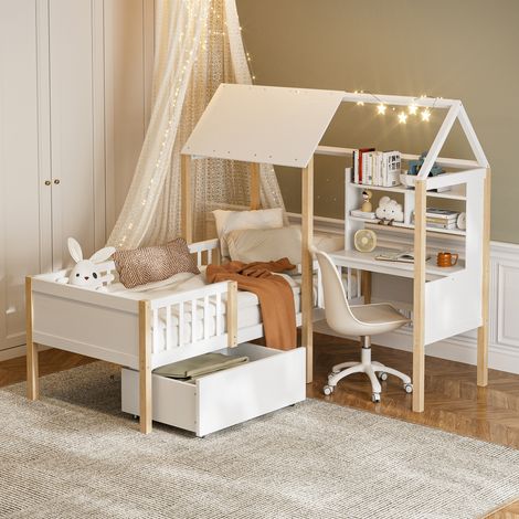 Lit Enfant 90x200 cm Blanc, Maison avec Bureau et Tiroirs, Bois Massif, Anti-Chute & Multifonction