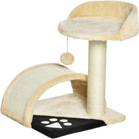Arbre à chat 46 cm. Petite tour à chat avec grotte, balle de jeu, corde en sisal, plateforme surélevée, griffoir et arbre à chat. Convient aux chats jusqu'à 4 kg. Couleur beige. (1/4)