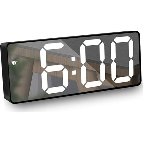 Mirror Alarm Clock, Digital Alarm Clock with LED Display of Date/Temperature/Snooze/2 Alarms/USB Charging Port, for Travel, Bedroom, Office, Kitchen - Black