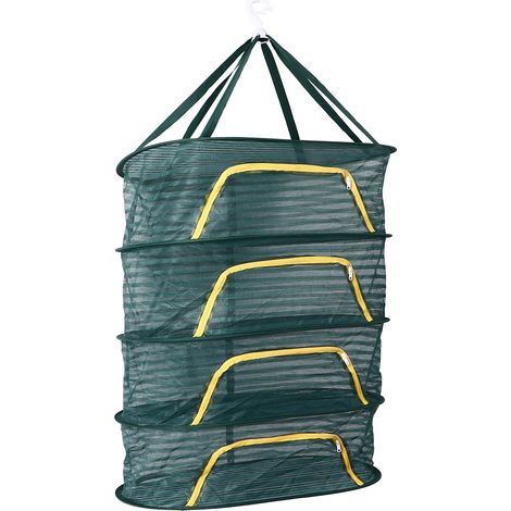 Séchoir à herbes à 4 niveaux avec fermeture éclair en forme de U, vert foncé, pliable, en maille fine et très élastique, idéal pour les herbes, les plantes et les graines. (1/5)