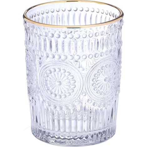 Lot de 4 verres vintage décoratifs avec motifs floraux 300 ml usage quotidien table style boho en verre transparent (1/4)