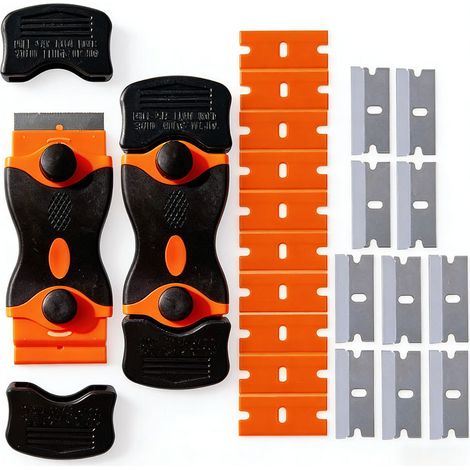 Ce kit de 22 grattoirs est idéal pour enlever la peinture, les autocollants, les étiquettes et le coulis, et peut être utilisé sur les fenêtres, les plaques de cuisson, les fours et les cuisinières.