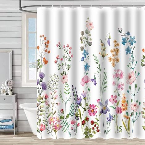 Tenda da doccia 180 x 180 cm, con motivo floreale, realizzata in tessuto botanico, impermeabile e antimuffa, non necessita di fori. (1/5)