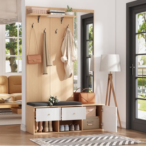 MODFU – Vestidor de entrada 120x40x200 cm de MDF con espejo, banco acolchado, zapatero, 4 ganchos y carga 80 kg – Blanco/roble (1/5)