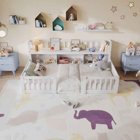 Cama casa infantil 90x200 cm - con Compartimentos de almacenamiento y Barandillas de Seguridad - Canapé de Madera Maciza Incluido - Blanco