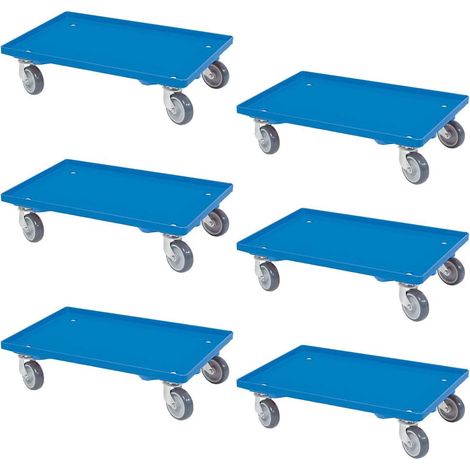 BRB Lot de 6 roulettes logistiques avec plateau et 4 roulettes pivotantes, roues en caoutchouc gris, poids 250 kg, bleu