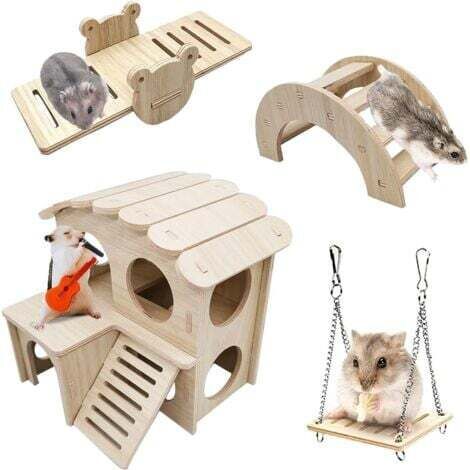 Sollbry Set mit 4 Holzspielzeugen für Hamster, Hamsterspiele inklusive Hamsterhaus, Brücke und Schaukel, Zubehör für Hamster, Meerschweinchen, Chinchillas und Zwerghamster (1/5)