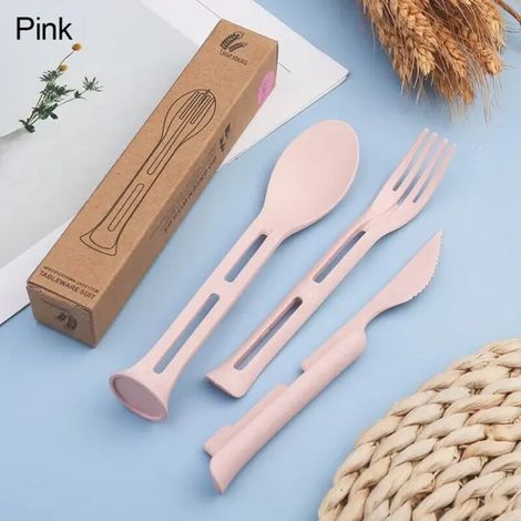 3pcs / set 3 en 1 Voyage Portable Couverts Ensemble Japon Style Paille De Blé Couteau Fourchette Cuillère Étudiant Vaisselle Ensembles Cuisine Vaisselle Rose