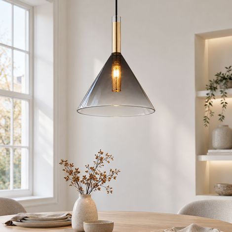 Lampada a sospensione, lampada da soggiorno, vetro fumé, ottone, metallo, regolabile in altezza, D 20 cm, H 120 cm (1/5)