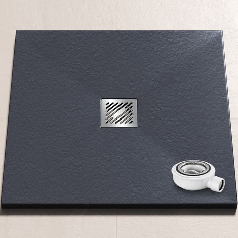 doporro Duschwanne Duschtasse 80x80x3cm aus Mineralguss in Anthrazit Quadratisch DIN-Anschlüsse für bodenebene Montage geeignet inkl. Ablaufgarnitur AL006 Geoma 09