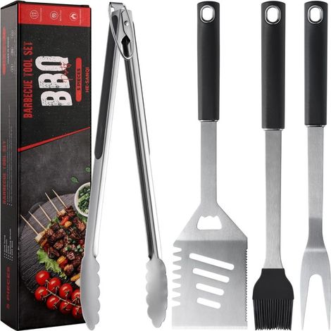 Utensili per barbecue resistenti in acciaio inox: spatola, forchetta, pinze, spazzola (4 pezzi)