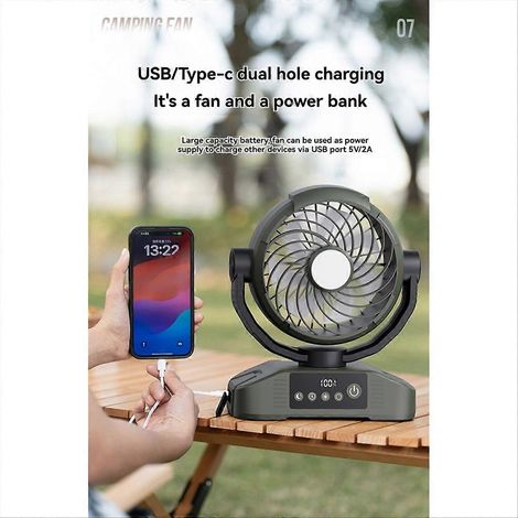 Wiederaufladbarer Outdoor-Tischventilator mit 20.000 mAh Kapazität, LED-Licht, 5 Geschwindigkeitsstufen und 3 Helligkeitsstufen, ideal für Camping und Reisen. (1/5)