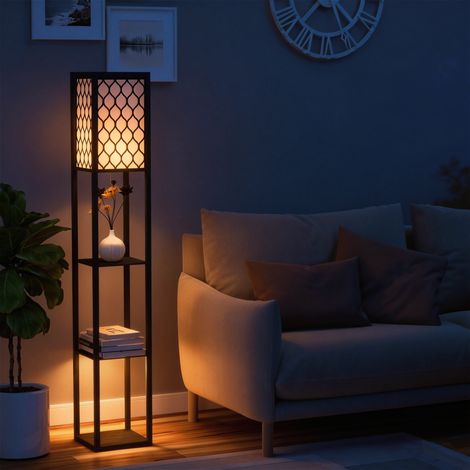 Lampadaire étagère Lampe étagère 26L x 26l x 160H cm 4 Niveaux MDF Noir Motif nid d'abeille (1/5)