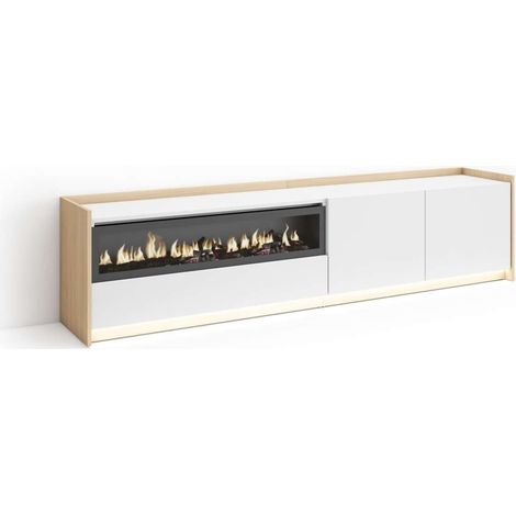 Mueble TV Monda-02 de 207x50x37 cm con chimenea y luces LED, color blanco y roble soft (1/4)