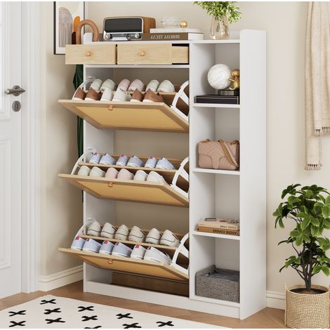 Zapatero estrecho 90x24x130 cm, 3 compartimentos abatibles, 2 cajones, estantes laterales, tablero de partículas, blanco y natural (1/5)