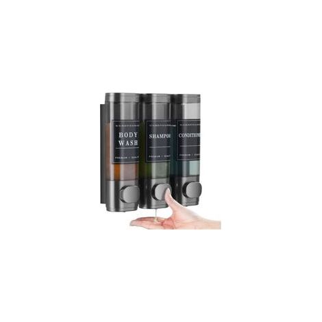 Dispenser da parete 3 in 1 per sapone e gel doccia, non richiede foratura, adatto per shampoo, balsamo, cucina, hotel (Grigio) - Crezuo (1/4)