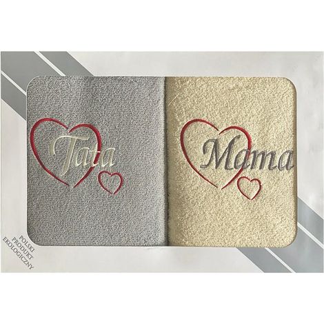 Set asciugamani in scatola, 2 pz, 50x100 Mama Tata, panna, grigio chiaro, cuori