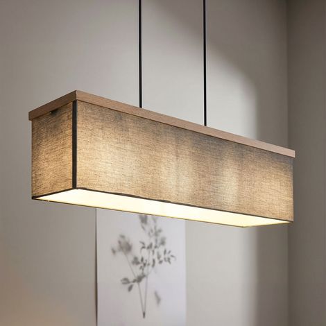 Hängeleuchte Holzoptik Esszimmerlampe Textil anthrazit Pendelleuchte, Metall schwarz, 4x E27 Fassungen, LxBxH 80x20x120 cm
