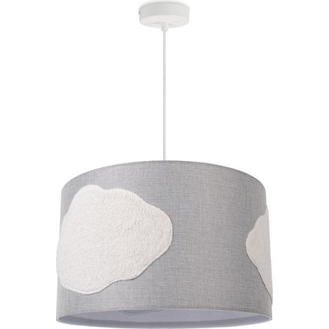 Paco Home LED Pendellampe Hängeleuchte Kinderzimmer Babyzimmer Wolken Stoff Grau Rund E27  Weiß (Ø45.5cm), Pendelleuchte Grau