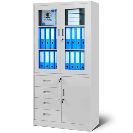 Armoire de bureau vitrée avec tiroirs WIOLA, 900 x 1850 x 400 mm, gris