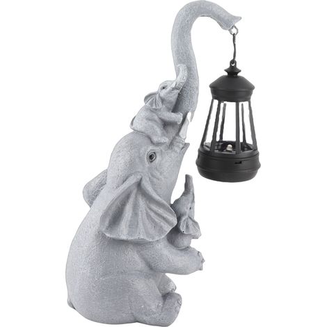 Ortviai Statue de Jardin Solaire en Résine – Éléphant Mère avec Lanterne LED, 10 x 10 x 30 cm, Décoration Extérieure Écoénergétique