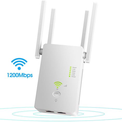 Amplificatore WiFi dual-band da 1200 Mbps con porta Ethernet – Ripetitore per casa e appartamento, copertura di 245 m², fino a 25 dispositivi