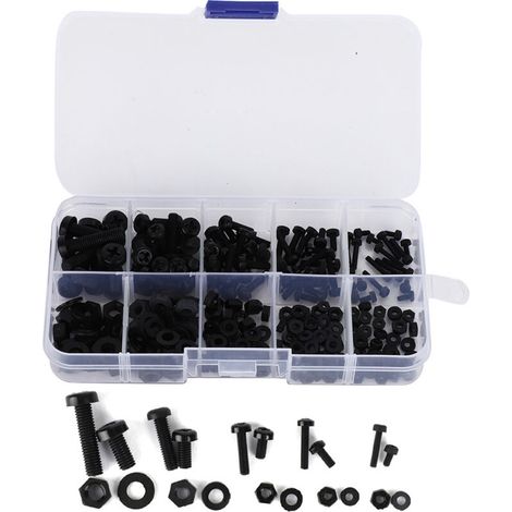 270 pieces/box M2/M2.5/M3/M4/M5 Nylon Screw Nut Washer Assortment Kit Black Hardware Fasteners (1/5)
