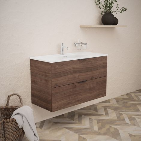 Inda - Badezimmerschrank B.100 mit glänzendem Waschbecken / Braune Eiche 2 Schubladen - Topazio (1/5)