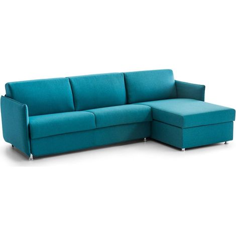 Divano Letto con Penisola Sumirago, Sfoderabile, Contenitore Made in Italy, Idrorepellente Multiposizione Trasformabile in Letto, 260x160 cm Azzurro