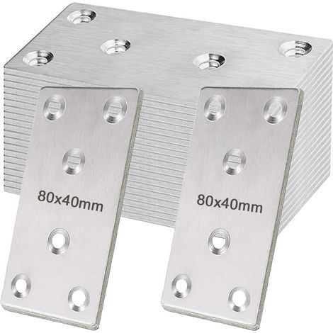 20 plaques de jonction plates 80x40mm, plaques de réparation droites, supports de plaque plate, plaques de connexion, acier inoxydable (argent) (1/5)