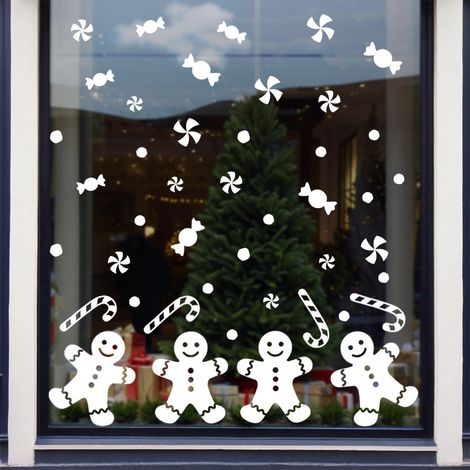 Décorations de Noël : bonhommes en pain d'épices, sucres d'orge, flocons de neige, autocollants blancs pour portes en verre à effet électrostatique, décorations pour vitrines et fenêtres (1/4)