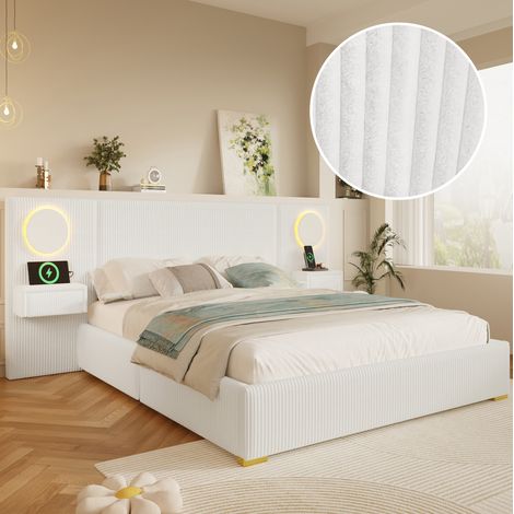 Polsterbett 180x200 cm aus beigem Samt mit LED-Kopfteil, USB und Nachttischen OKMYHOME (1/5)