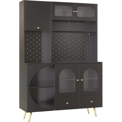 Aparador alto de cocina con LED, enchufes USB, cajón y estantes de vidrio 120x40x176 cm negro HOMVRA (1/5)